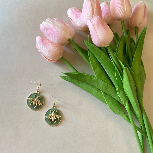 NWT Honey Bee Earrings | Gold + Emerald Green - Picture 4 of 16
